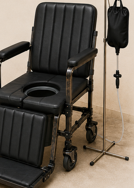 DigniChair hygiene configuration with open padded seat, water reservoir and hose