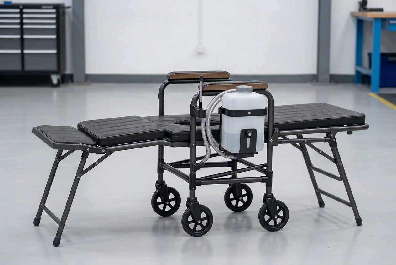 Concept visual of DigniChair fully flat, with the leg pad and back pad each resting on their own foldable stand