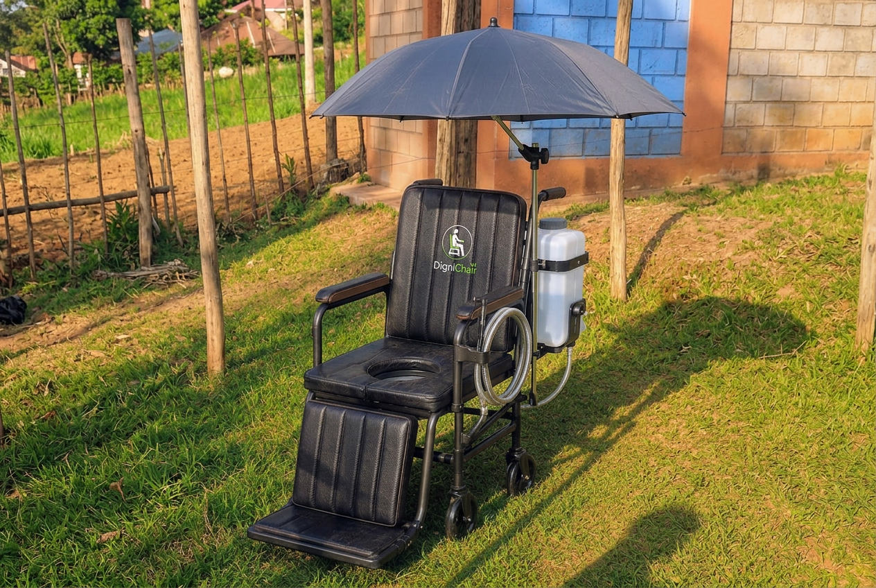 Concept visual of DigniChair outdoors with a removable umbrella canopy fitted to the frame